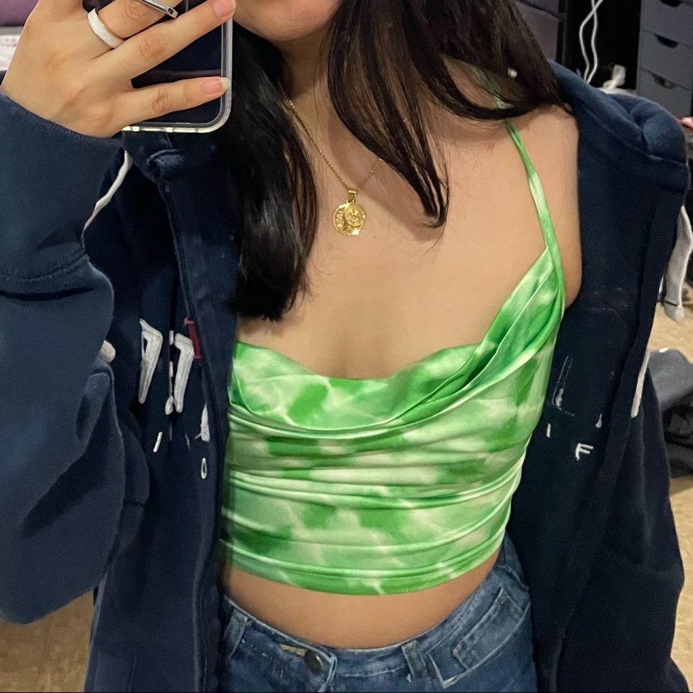 Green open back less crop top with straps